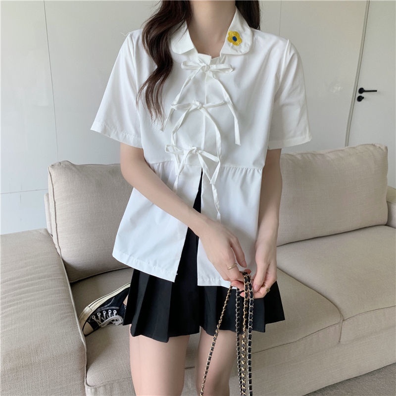 Áo Sơ Mi Cổ Búp Bê Tay Ngắn Thắt Dây Thời Trang Mùa Hè Mới Cho Nữ