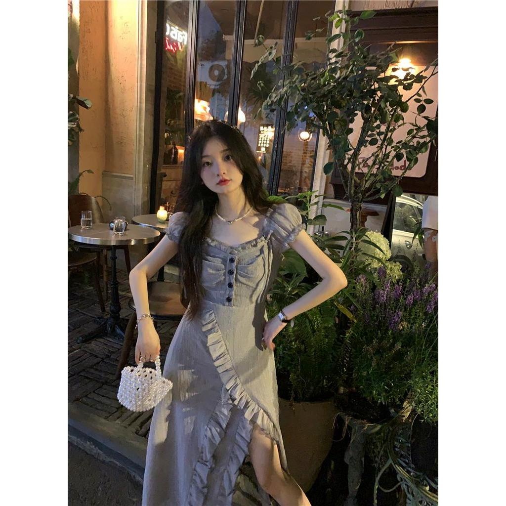 Đầm MIDI Cổ Vuông Xẻ Tà Màu Bạc / Xám / Trắng Thời Trang Mùa Hè Xinh Xắn Cho Nữ