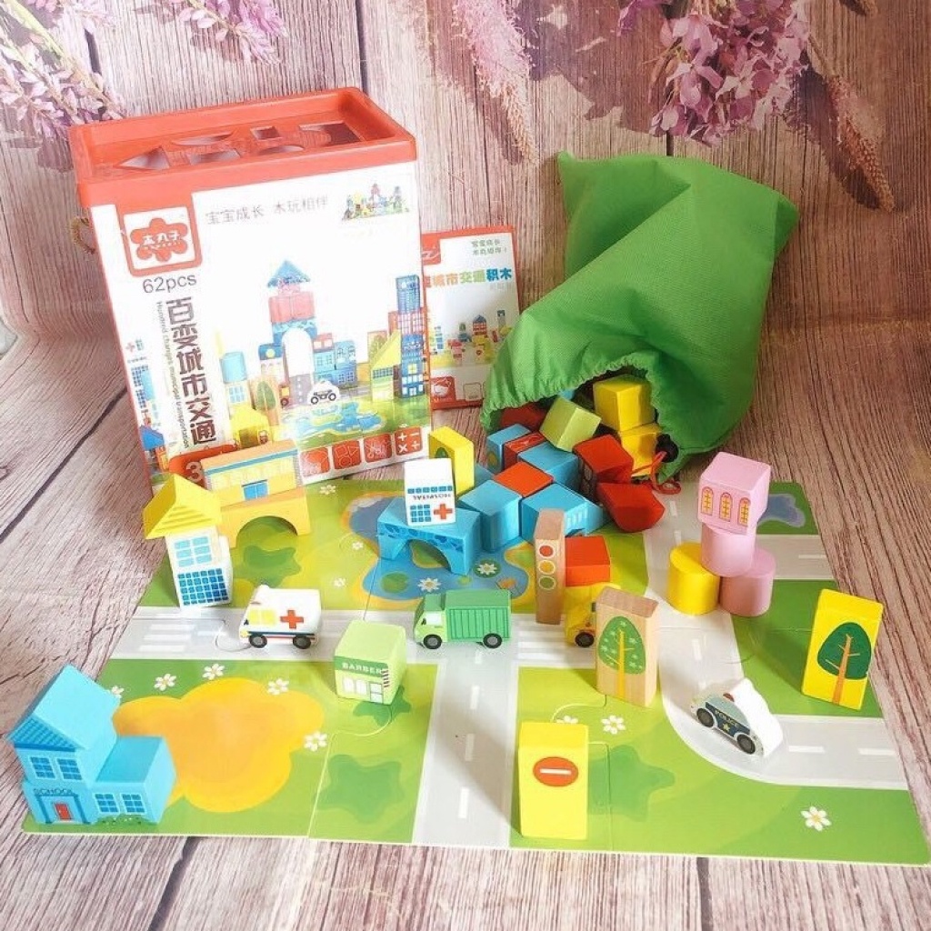 Đồ chơi xếp hình mô hình thành phố 62 chi tiết bằng gỗ - đồ chơi trí tuệ Bonkids toys