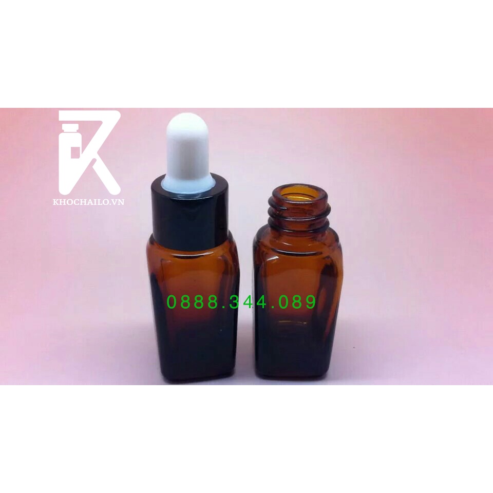 Chai tinh dầu serum thủy tinh vuông nâu khoen vàng,bạc,đen,trắng ống thủy tinh bóp trắng , bóp đen 10ml,20ml,30ml,50ml