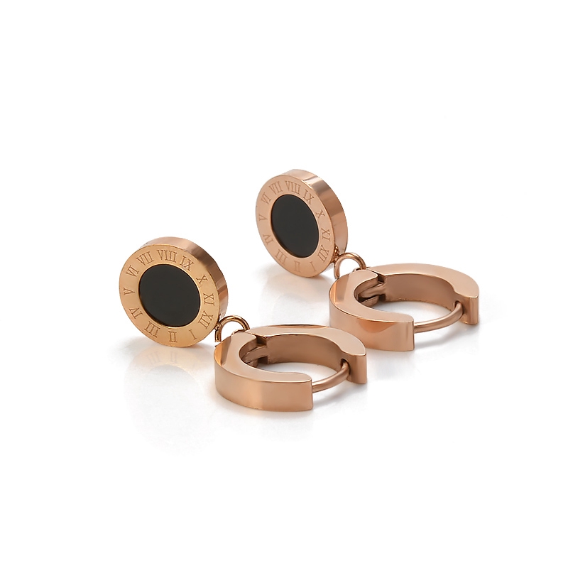 Round Black Shellfish Rose Gold Earrings Titanium Steel Rose Gold Roman Numeral Earrings