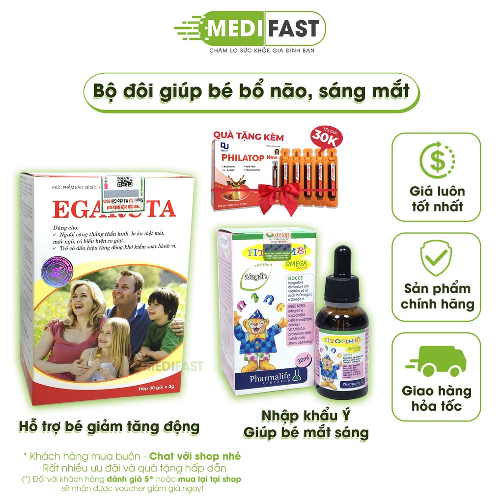 Cốm tăng động Egaruta và Fitobimbi omega giúp bé phát triển não bộ, mắt sáng, ăn ngủ ngon