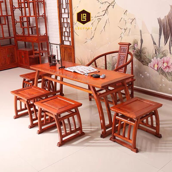 Bộ bàn ghế uống trà bằng gỗ gõ đỏ Lộc Phát-BTC008