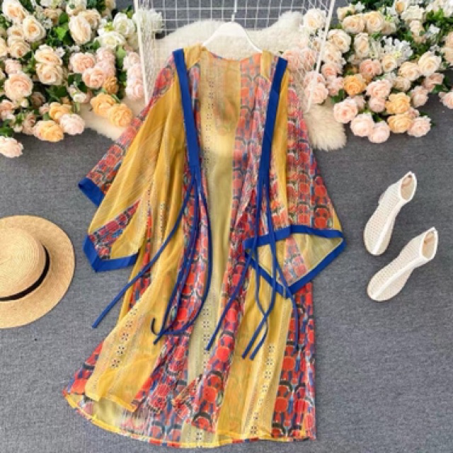 Áo khoác boho thổ cẩm tua rua có mũ vintage màu vàng hoạ tiết nổi bật dáng dài tay rộng đi du lịch đi chơi