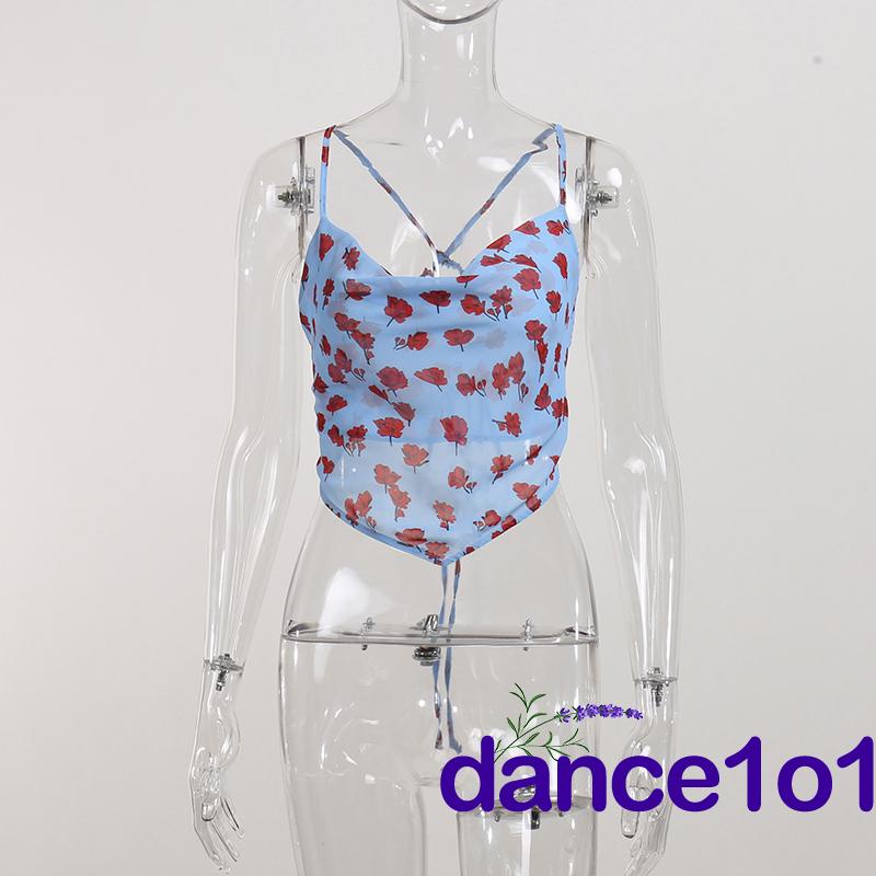 Áo Yếm Hở Lưng In Hoa Màu Xanh Dương Dùng Múa 1O1- Thời Trang Cho Nữ