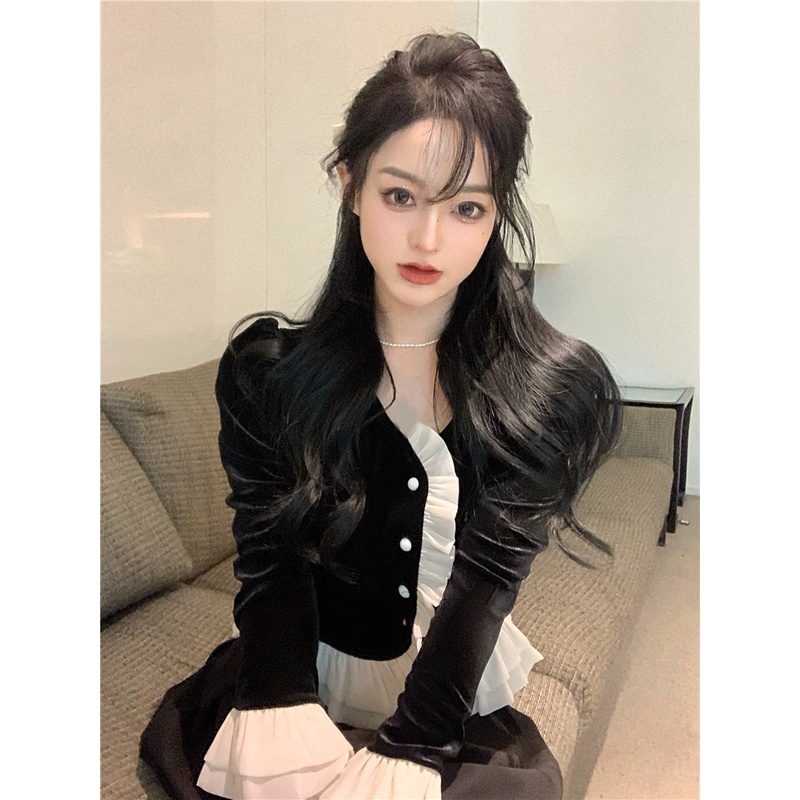 Áo cardigan tay áo cánh hoa / váy lưng cao xếp ly [bán riêng lẻ]