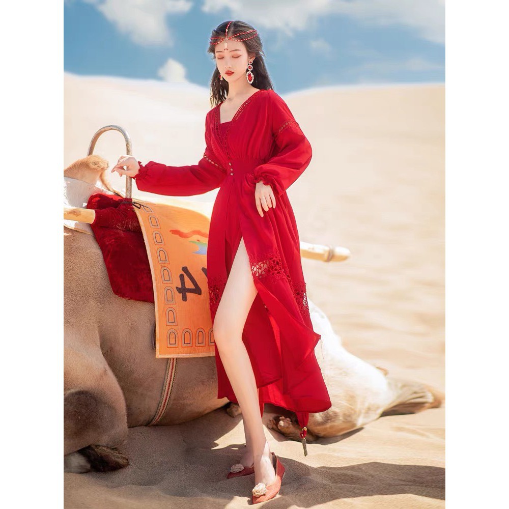 Đầm Vintage, Váy Maxi Đi Biển V11999 Chất Voan Mềm Mát, Màu Đỏ Kèm Khăn, Siêu Phẩm Của Tín Đồ Sống Ảo, Mẫu Mới Hè 2021