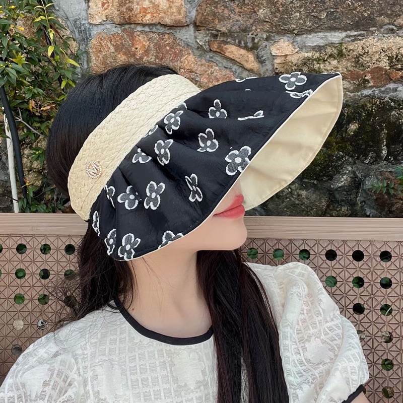 (Hàng Có Sẵn) Mũ Rơm Vành Rộng Hở Đầu Che Nắng Hở Đầu Siêu Nhẹ Chống Rò Rỉ In Họa Tiết Hoa Thời Trang Mùa Hè Cho Nữ