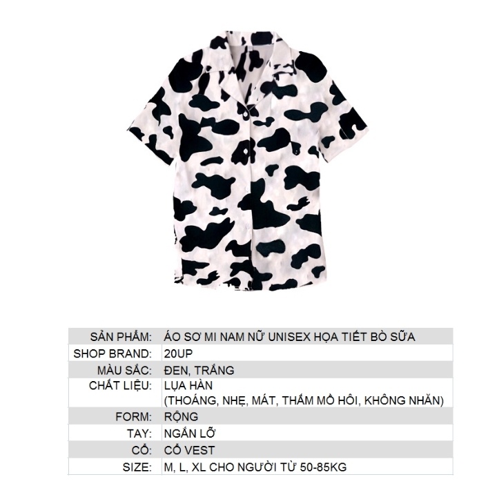 Áo sơ mi nam nữ unisex họa tiết bò sữa ngắn tay cổ bẻ 20UP form rộng 50-85kg 100% lụa cao cấp nhẹ thoáng mát không nhăn | BigBuy360 - bigbuy360.vn