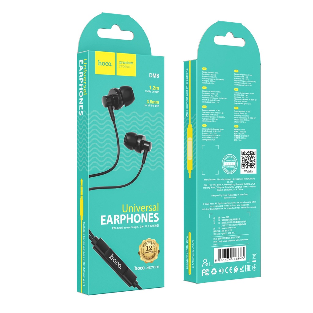 Tai Nghe Dây Tpe Jack 3.5Mm Có Mic Hoco DM8 - Dài 1.2M - Hàng Chính Hãng - Bảo Hành 12 Tháng