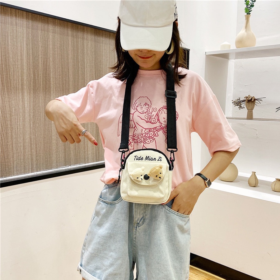 Túi Đeo Chéo Mini Vải Canvas Kèm 2 Mặt Gấu Hoặc 2 Sticker Siêu Dễ Thương Phong Cách Thời Trang