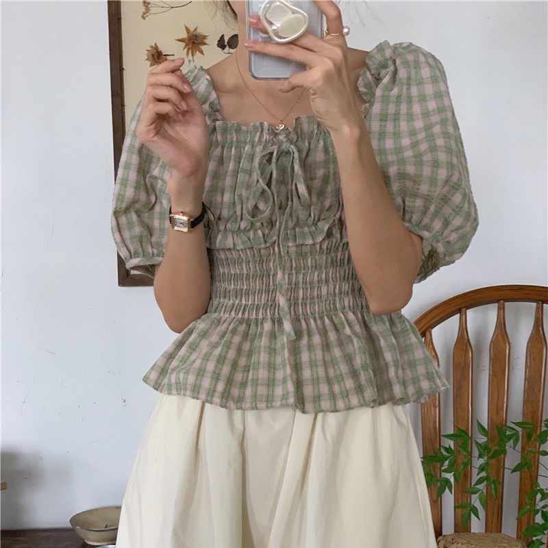 SUXI Áo Sơ Mi Tay Ngắn Dáng Ôm Kẻ Sọc Ca Rô Kiểu Vintage Hàn Quốc Dễ Phối Đồ