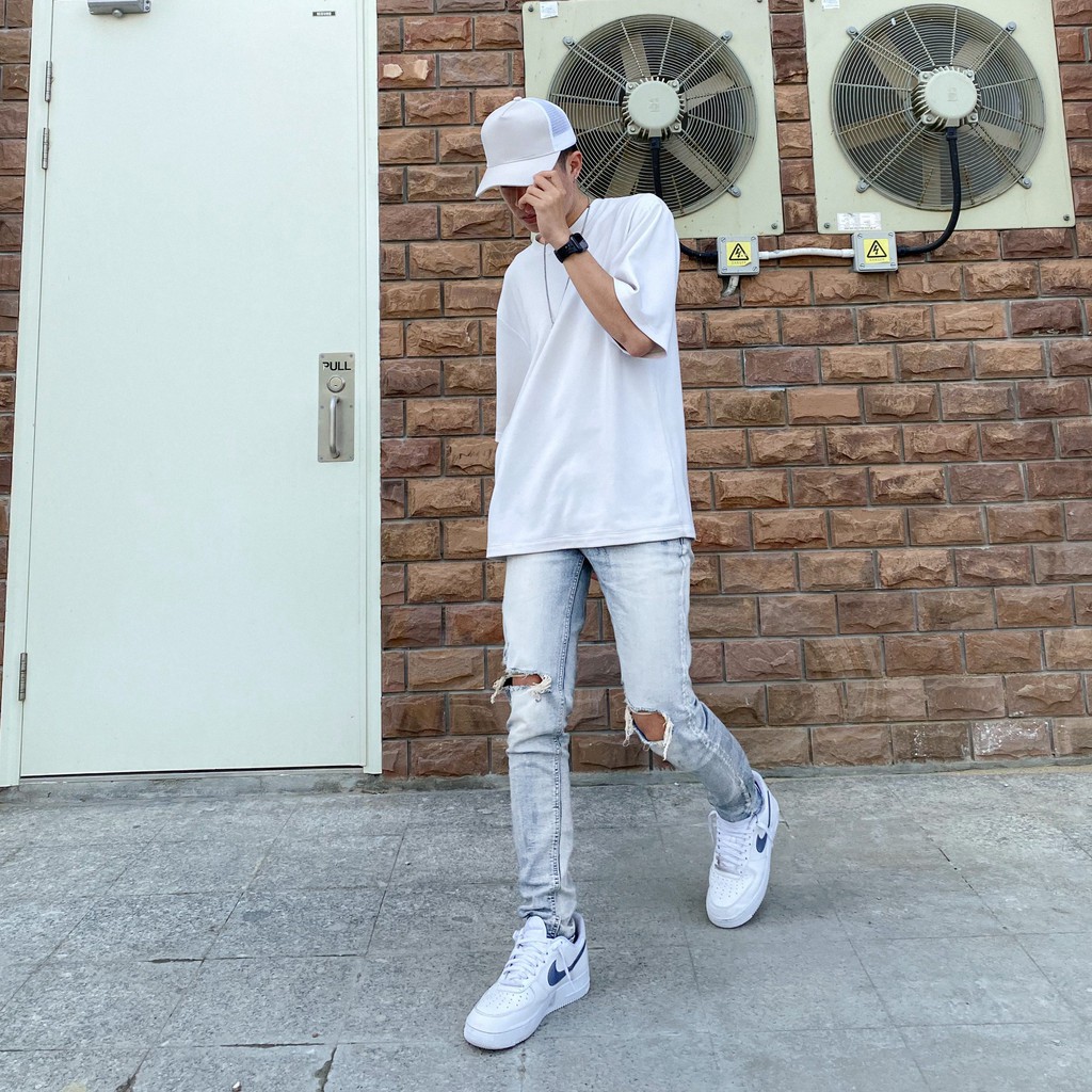 Quần jean nam streetwear cao cấp FNOS NZ8 màu xanh wash bạc rách gối form slimfit  jean co giãn | BigBuy360 - bigbuy360.vn