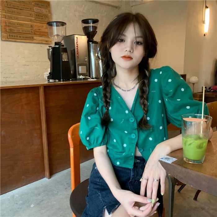 Áo Cardigan Tay Phồng Cổ Chữ V Họa Tiết Hoa Cúc Phong Cách Kiểu Pháp Cổ Điển Duyên Dáng