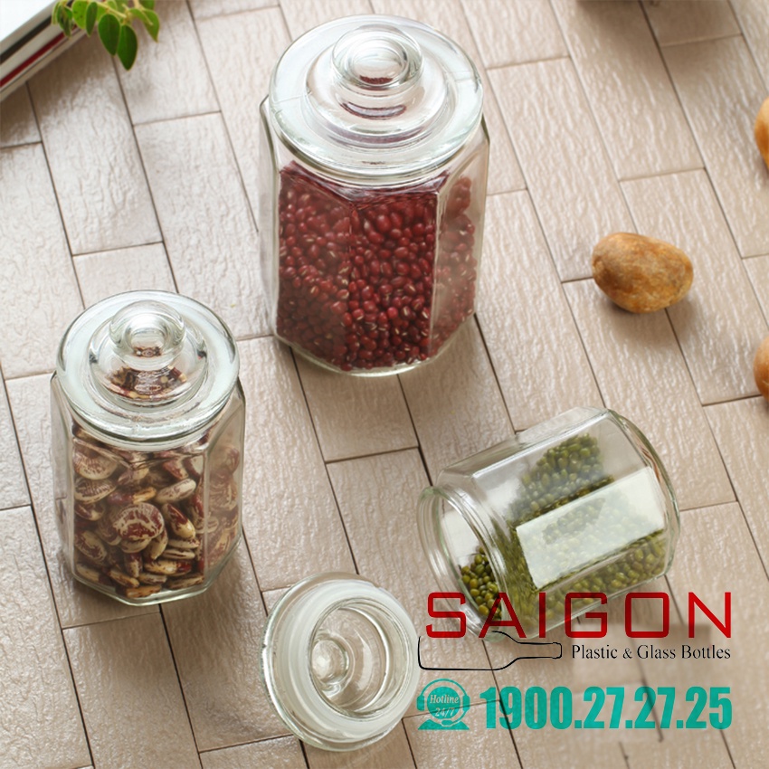 Hũ Lục Giác Thủy Tinh Dày Đẹp Có Nắp Đậy Ron Silicon Kín Dung Tích 550, 990, 1500, 2000ml - Hũ Đựng Thực Phẩm