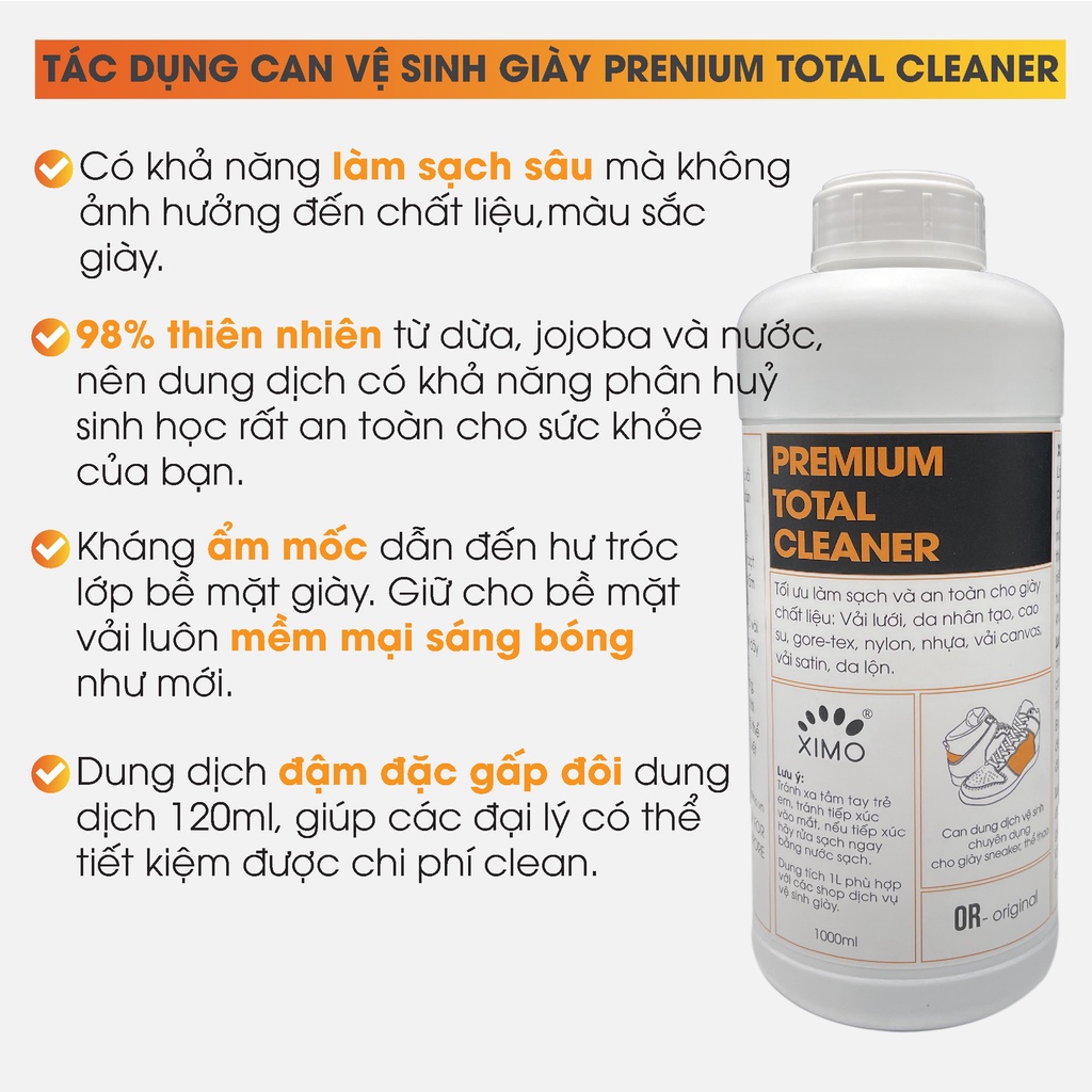 Can Dung Dịch Vệ Sinh Giày XIMO Premium Total Cleaner 1000ml - Chuyên cho các đại lý giặt giày