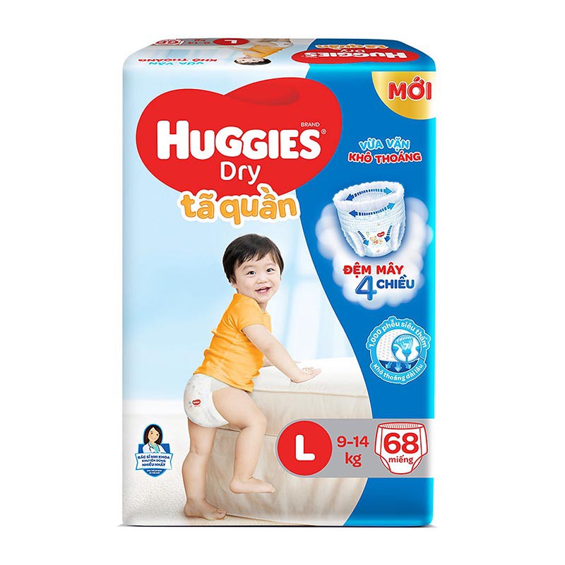 [MẪU MỚI] Bỉm/Tã Quần Huggies Size L Cho Bé 9 - 14kg Đáy Thấm Hút, Khóa Chất Lỏng, Lưng Thun- Loại 20/38/68 Miếng