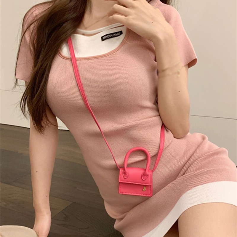 Đầm Dệt Kim Tay Ngắn Cổ Vuông Màu Sắc Tương Phản Thời Trang Mùa Hè Phong Cách Hàn Quốc Cho Nữ