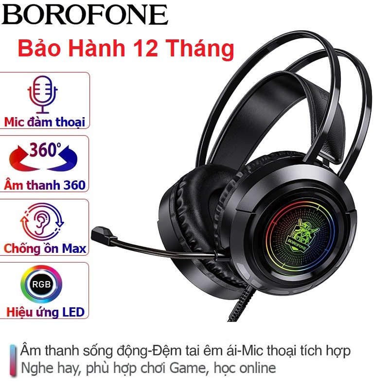 Tai Nghe Chụp Tai Có Dây Cho Game thủ BOROFONE BO103, Chống Ồn, Hiệu Ứng LED đẹp mắt, Jack USB và 3.5mm - Bảo Hành 12T