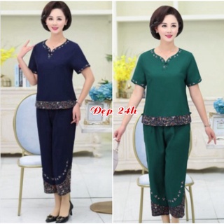 Đồ bộ trung niên nữ mặc nhà tay ngắn Đẹp 24 giờ họa tiết thêu hoa văn phối chất liệu Cotton co giãn 4 chiều ĐBH.18