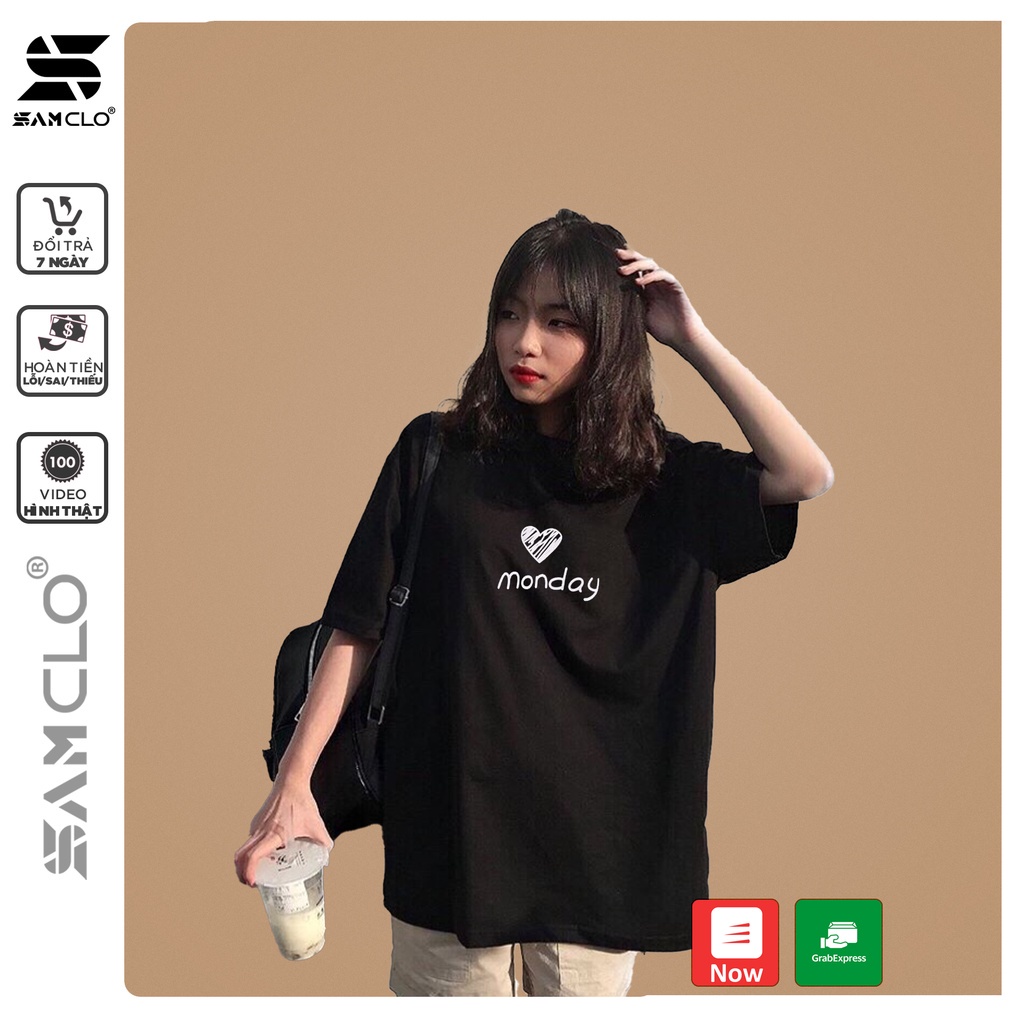 Áo thun tay lỡ nữ SAM CLO freesize phông form rộng dáng Unisex - mặc cặp, nhóm, lớp thêu hình TRÁI TIM chữ MONDAY