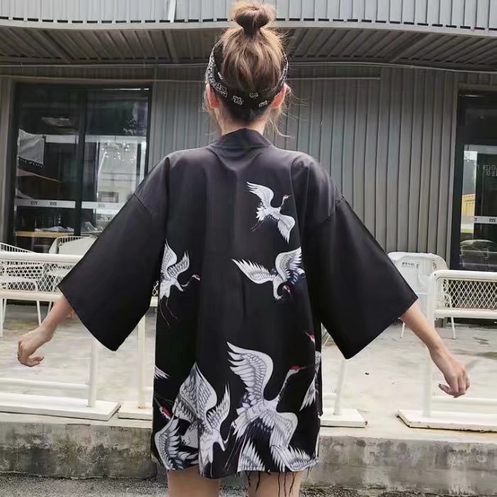 Áo Khoác Kimono Nhật Bản Tay Lửng Dáng Rộng Mỏng In Hoa Phong Cách Nhật Bản Cho Cặp Đôi