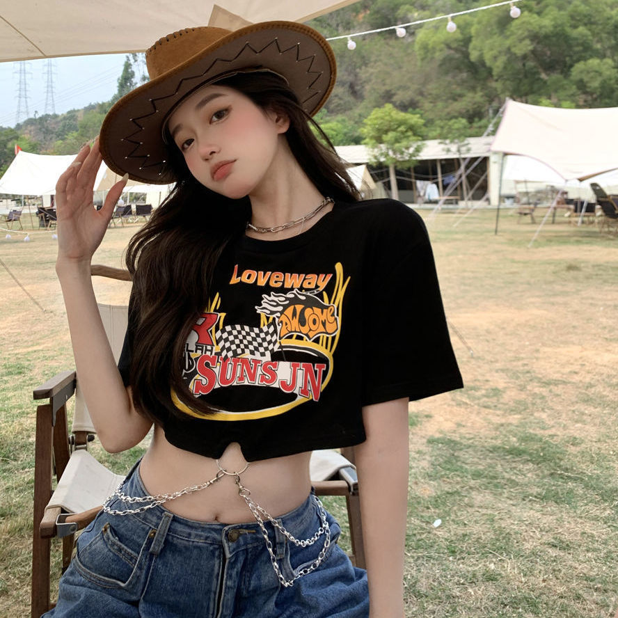 Áo thun tay ngắn in họa tiết phong cách retro dành cho nữ