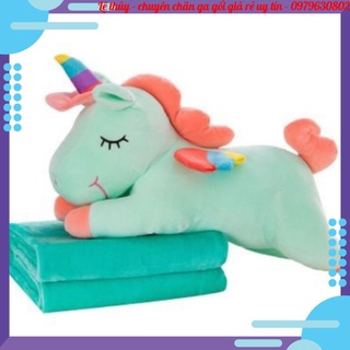 Chăn gối gấu bông cho bé, bộ chăn gối văn phòng hình thú, gối kèm chăn hình ngựa pony