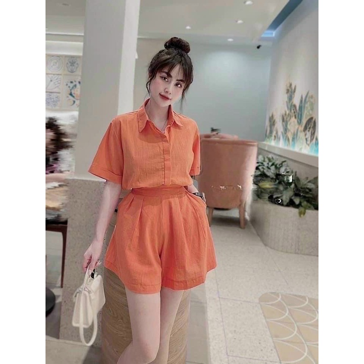 Set bộ đồ nữ áo sơ mi tay ngắn mix quần đùi ống rộng cùng tone đơn giản, cá tính cute dành cho các nàng đi chơi, dạo phố