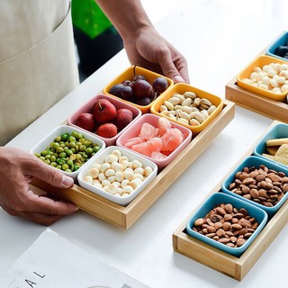 khay gỗ tre cho bát sứ vuông