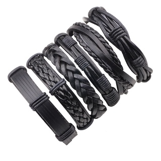 Combo bộ 6 vòng đeo tay da màu đen