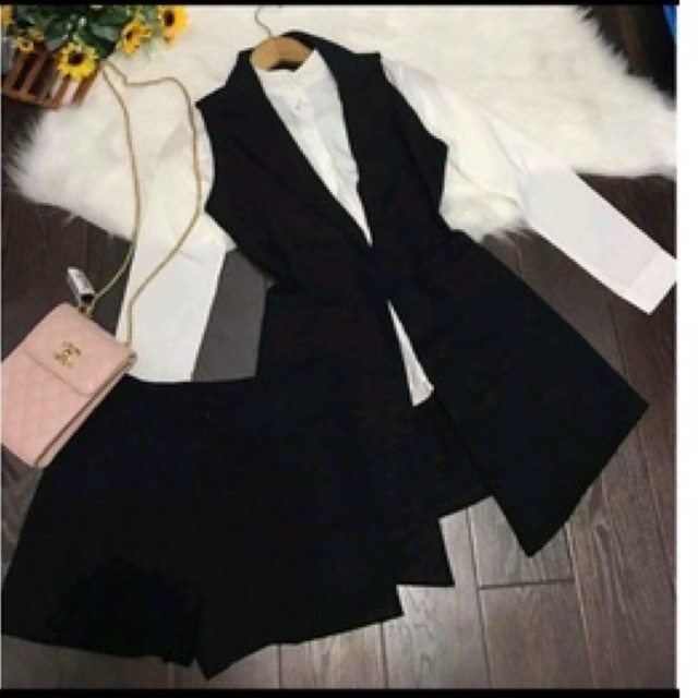 Sét vest 3 món áo sơ mi voan tay dài + sort và khoác gile như hình TRIPBLE TDRESS - size M/L/XL