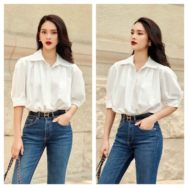 Sơ mi cotton lụa trắng tay phồng -HBSM759