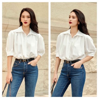 Sơ mi cotton lụa trắng tay phồng -HBSM759