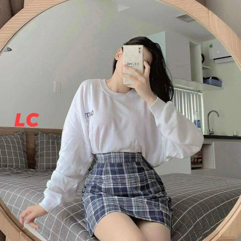 Set Áo Dài Tay Trắng Mix Chân a Váy Kẻ 💖FREESHIP💖Set In Chữ CAUTIO Mix Chân Váy Kẻ Caro Xanh | BigBuy360 - bigbuy360.vn