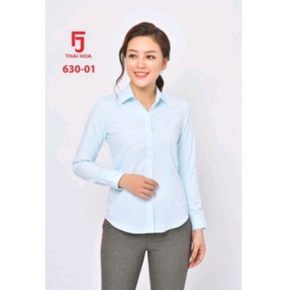 Áo sơ mi nữ Thái Hòa sọc xuôi nhỏ màu xanh ngọc