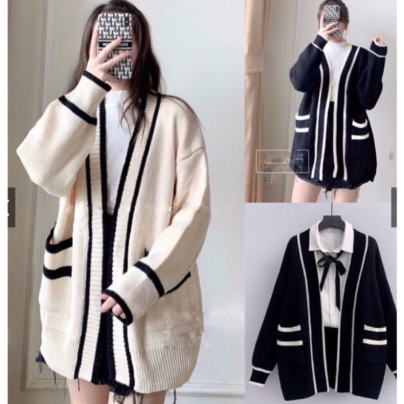 Áo Khoác Len Cardigan Nữ 18teastore Áo Khoác Len Dáng Dài From Rộng Phối Viền Trắng Đen Hàng Quảng Châu Loại 1