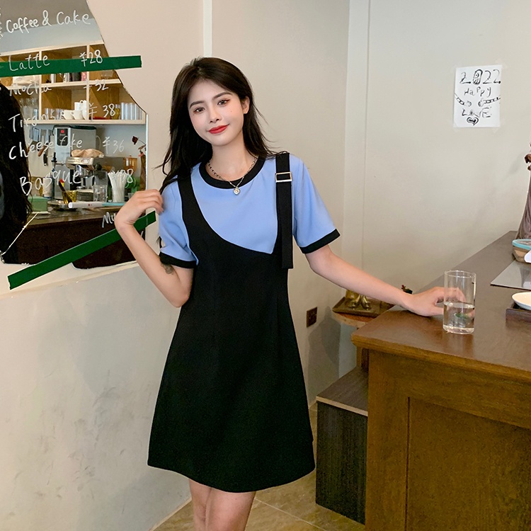 Đầm ZHELIHANGFEI ngắn tay giả hai lớp thiết kế không đồng đều xinh xắn thời trang