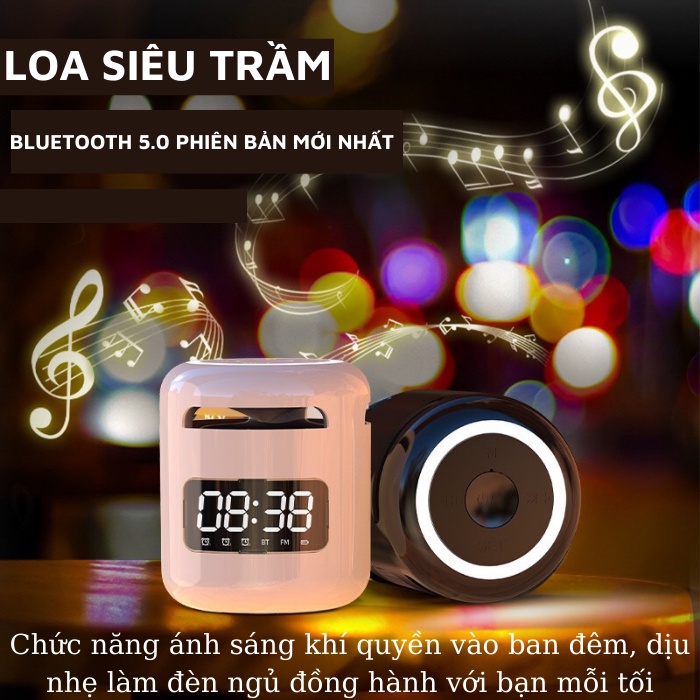 Loa bluetooth kiêm đồng hồ, báo thức, nghe đài FM, làm đèn ngủ -Loa mini cao cấp âm thanh siêu trầm ấm thiết kế nhỏ gọn