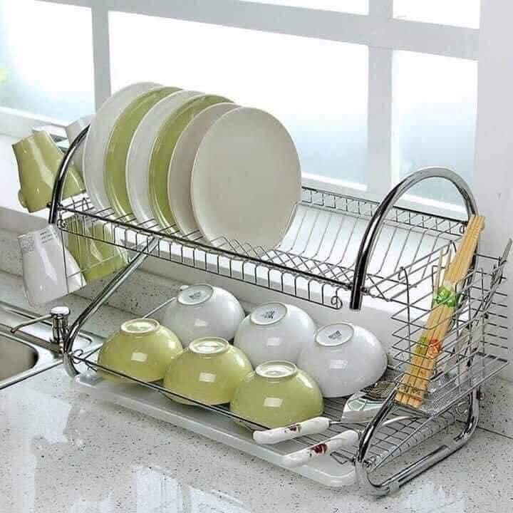 GIÁ ÚP BÁT ĐĨA 2 TẦNG INOX CÓ KHAY HỨNG NƯỚC TIỆN DỤNG
