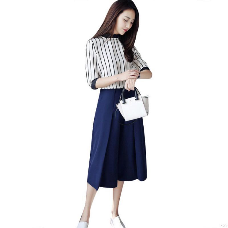 Set áo sọc cổ tròn tay lỡ + quần lửng form rộng thời trang cho nữ