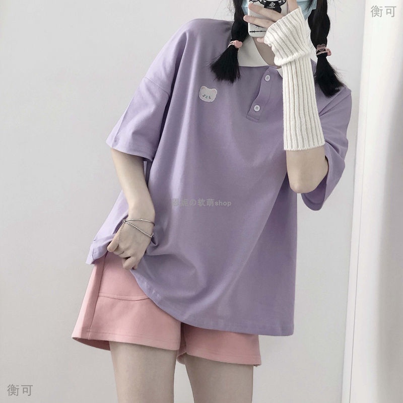 Áo polo Tay Ngắn Dáng Rộng Thêu Hình Gấu Dễ Thương Thời Trang Mùa Hè Cho Nữ