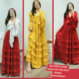 Sẵn Sét áo tay loe cột vạt chân váy maxi boho xếp tầng đi biển