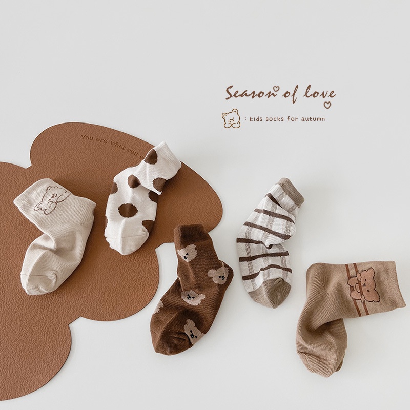 Set 5 Đôi Vớ Cotton Họa Tiết Chấm Bi / Chú Gấu Dễ Thương Thời Trang Cho Bé