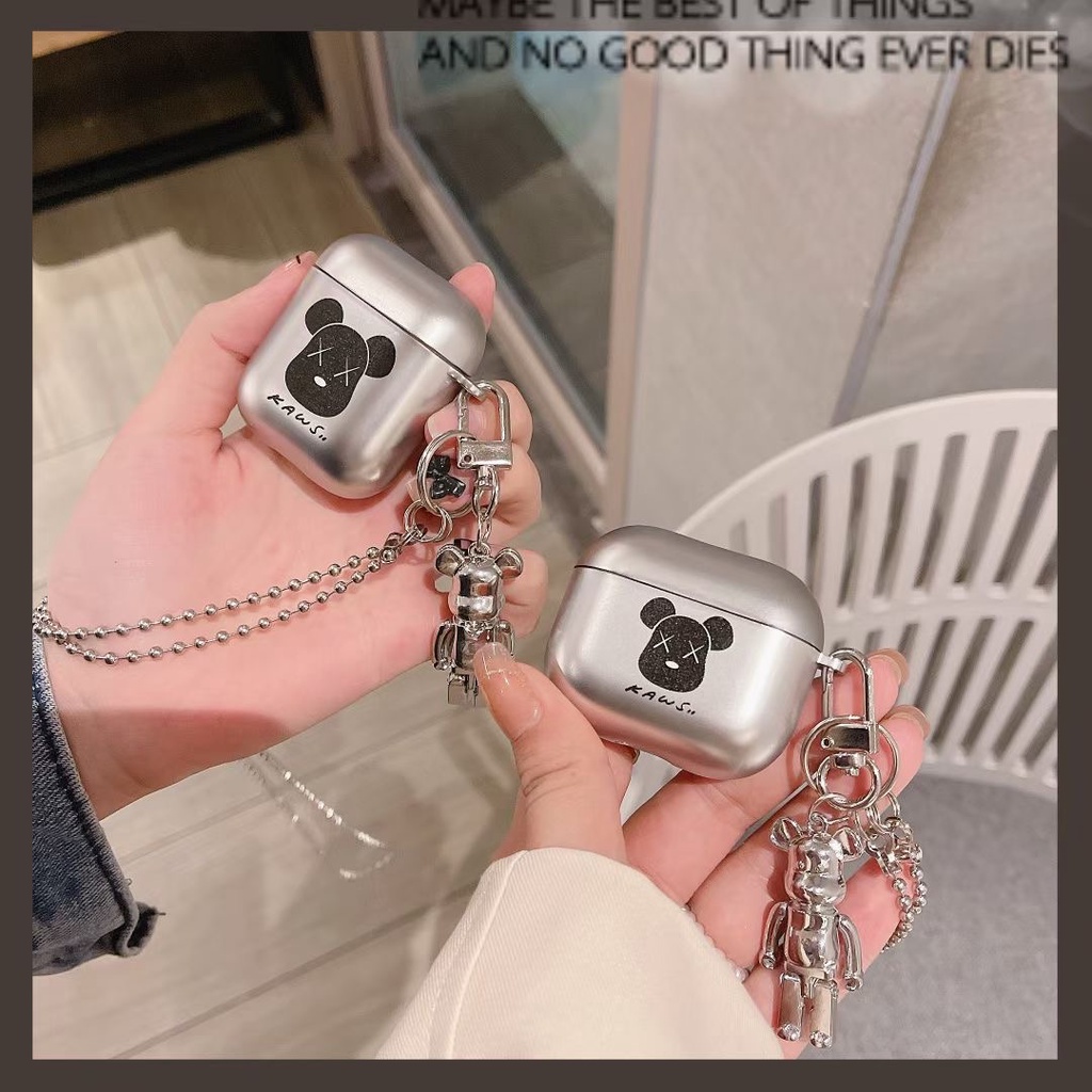 Vỏ bảo vệ hộp sạc tai nghe bằng TPU mềm màu bạc in hình gấu hoạt hình thích hợp cho Airpods 1 2 3 Pro