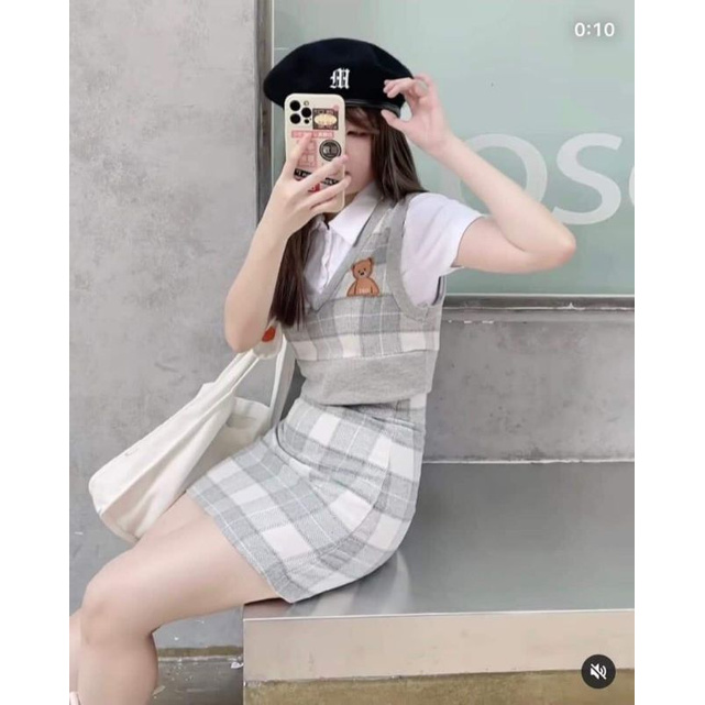 Sét Váy 3 Món Gấu Kẻ Caro Tiểu Thư, Sét Áo Polo + Áo Gile + Chân Váy ( Video + Ảnh Thật ) | BigBuy360 - bigbuy360.vn