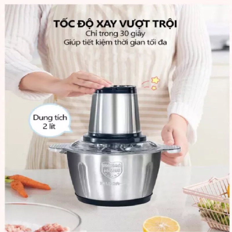 MÁY XAY THỊT ĐA NĂNG CỐI 2L INOX 304 , 4 LƯỠI DAO THÉP KHÔNG GỈ XAY SINH TÓ CÁ RAU THỊT