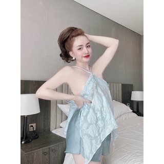 Set yếm satin, set yếm phối ren, bộ ngủ yếm dễ thương, bộ ngủ ren màu paste siêu xinh mịn mát