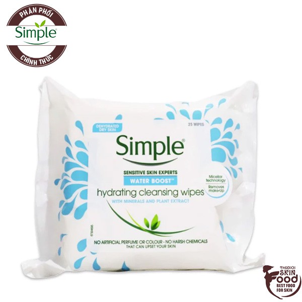 [Gói 25 Miếng] Khăn Giấy Tẩy Trang Simple Water Boost Hydrating Cleansing Wipes