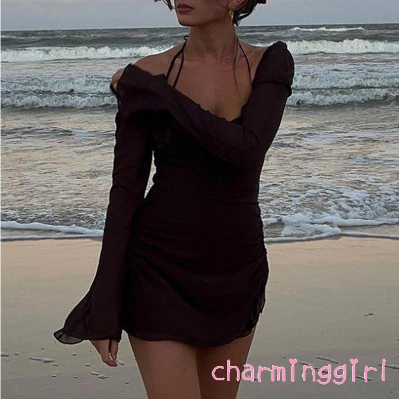 QAQ-Women´s Dress Adult Solid Color Long Sleeve Drawstring Pleated Halter Neck Mini Dress